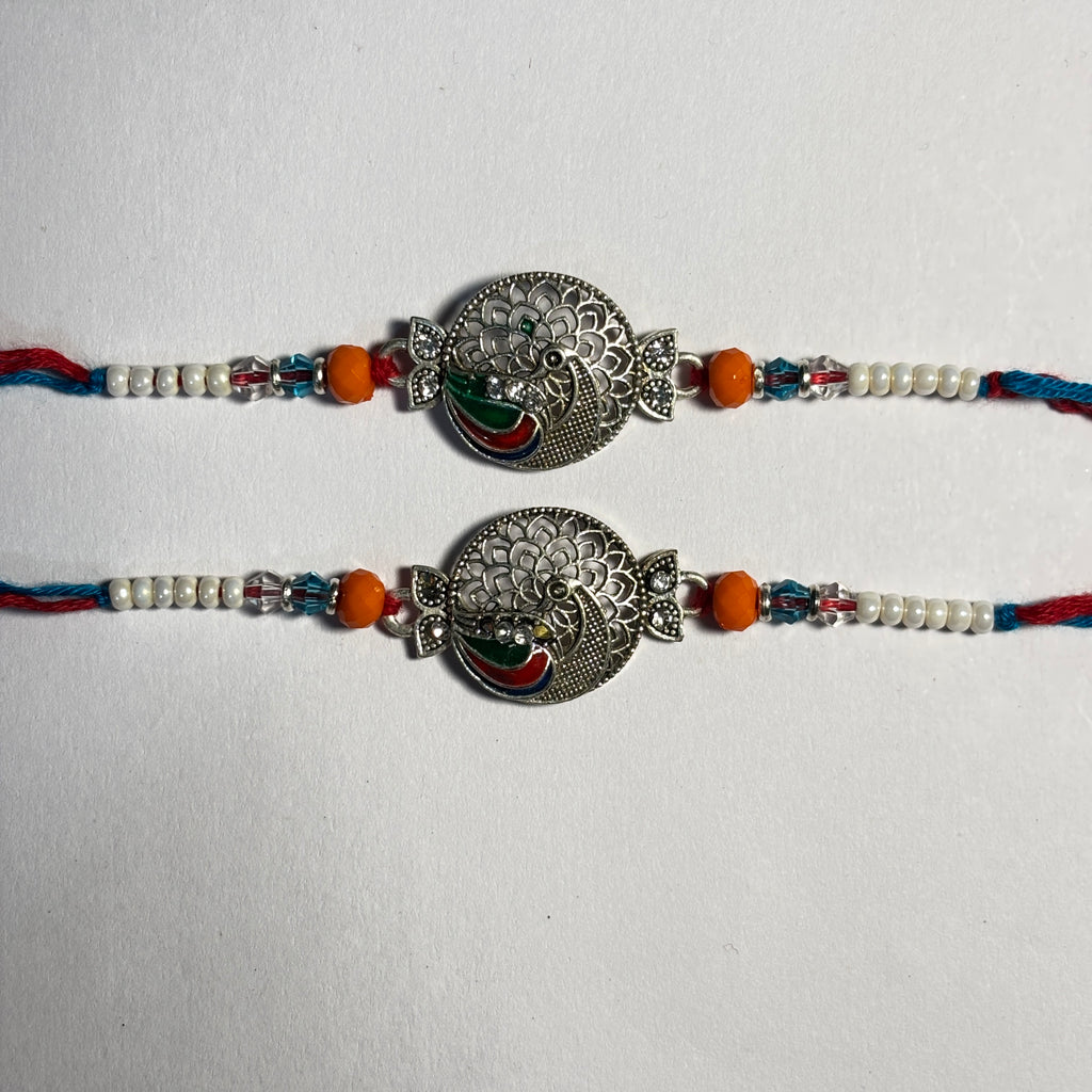Antique Silver Peacock Filigree Brother Rakhi Set (Pair of 2)
