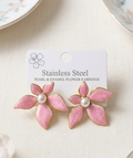 Stainless Steel Pink Enamel Flower Stud Earrings