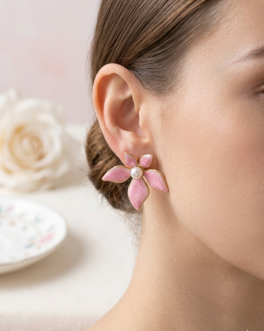 Stainless Steel Pink Enamel Flower Stud Earrings
