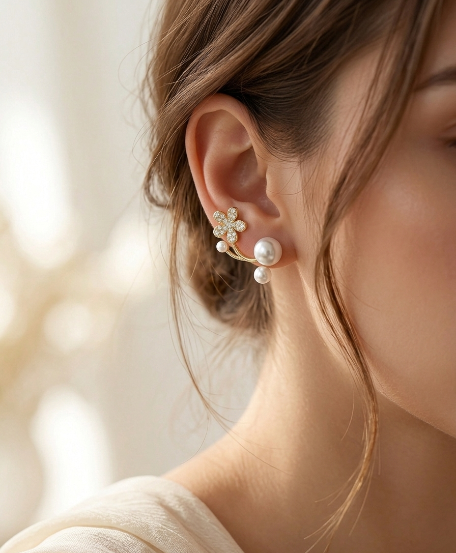 Korean-Style Rhinestone Flower Pearl Ear Jackets
