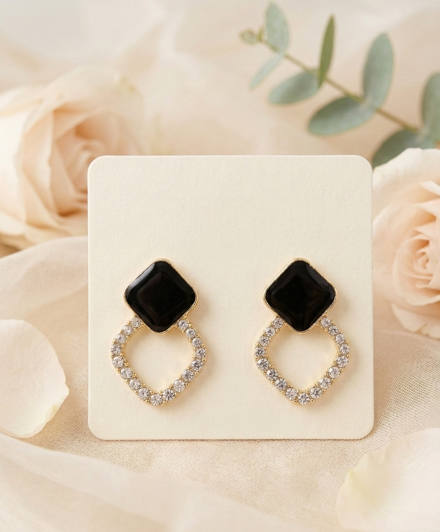 Korean-Style Black Enamel Geometric Drop Earrings