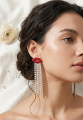 925 Silver Red Rhinestone Lip Fringe Drop Earrings