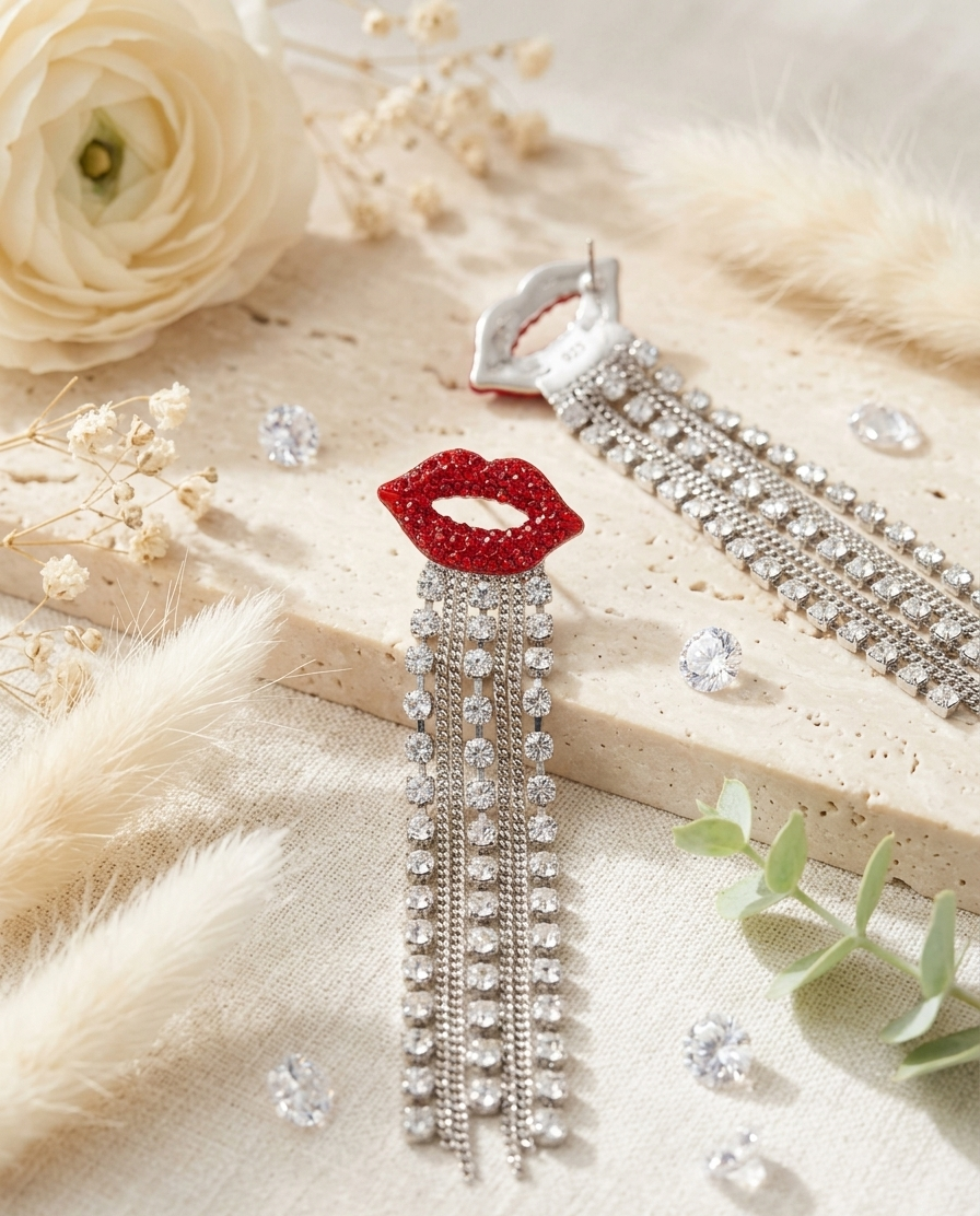 925 Silver Red Rhinestone Lip Fringe Drop Earrings