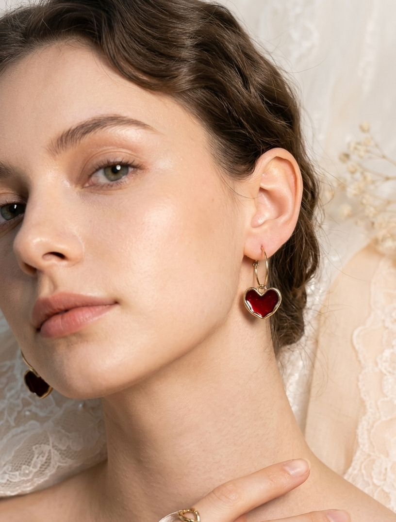 Korean-Style Deep Red Enamel Heart Hoop Earrings