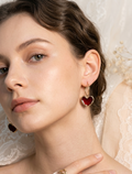 Korean-Style Deep Red Enamel Heart Hoop Earrings