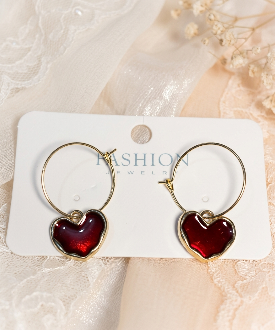 Korean-Style Deep Red Enamel Heart Hoop Earrings