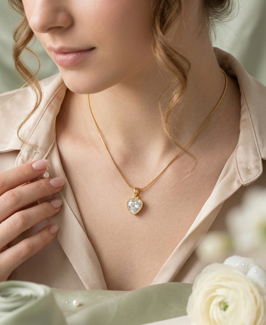 Tarnish-Free Gold Heart Crystal Pendant Necklace