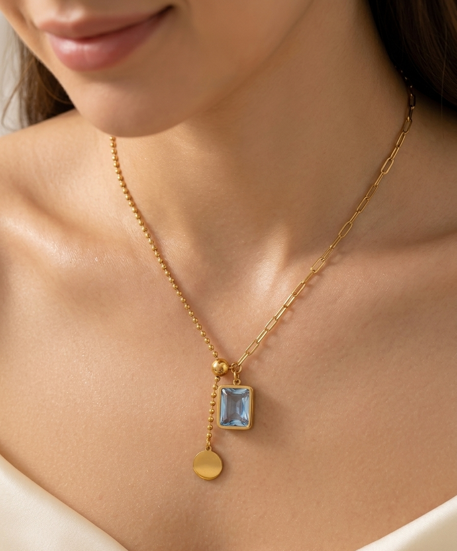 Asymmetric Light Blue Crystal Pendant Necklace