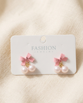 Korean Style Cute Pink Bow Double Pearl Drop Earrings