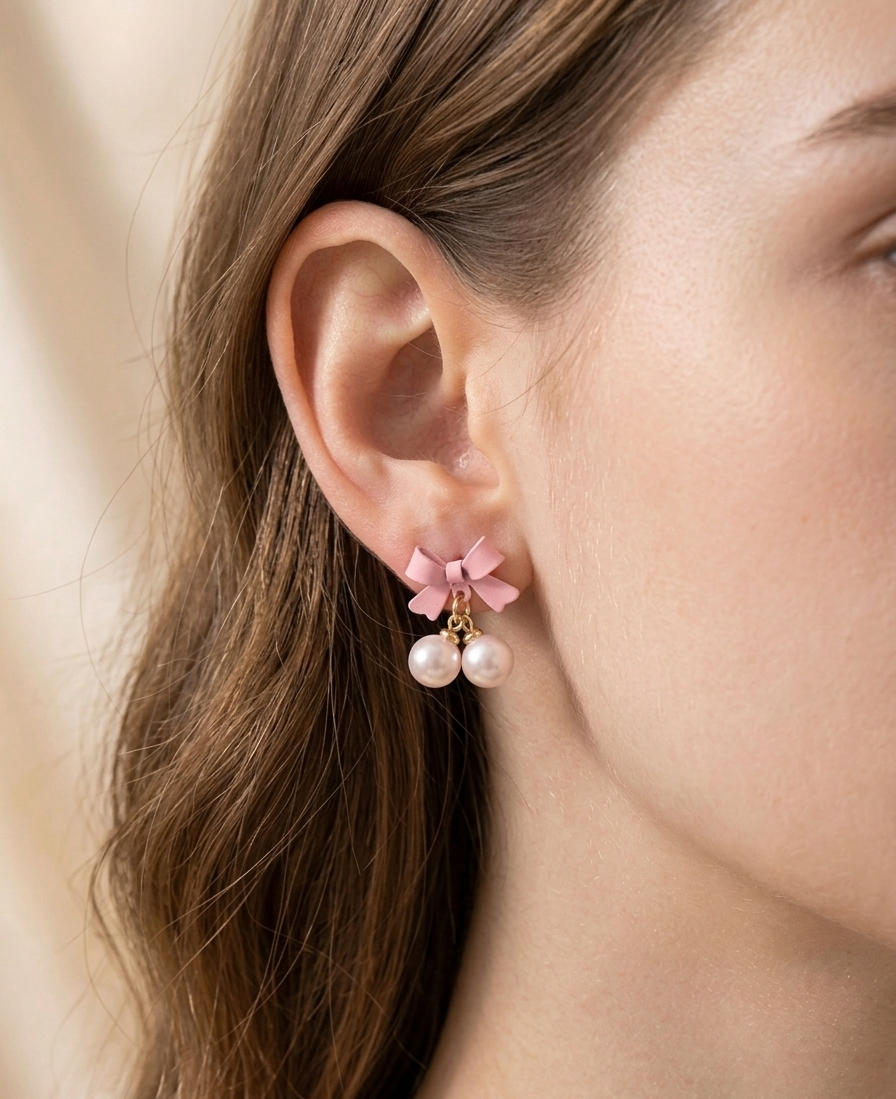 Korean Style Cute Pink Bow Double Pearl Drop Earrings