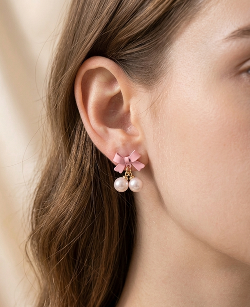 Korean Style Cute Pink Bow Double Pearl Drop Earrings