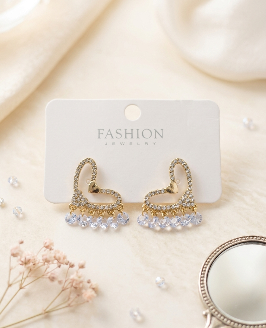 Korean-Style Crystal Heart Drop Earrings