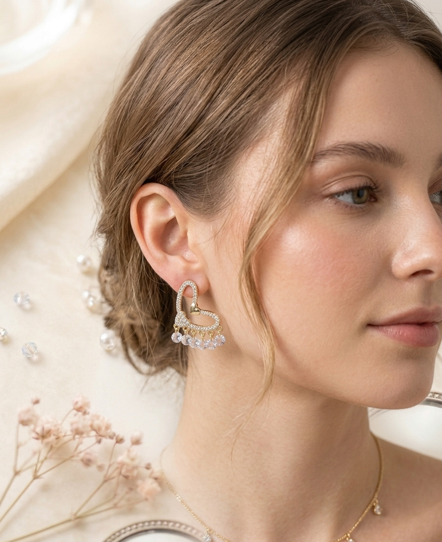 Korean-Style Crystal Heart Drop Earrings
