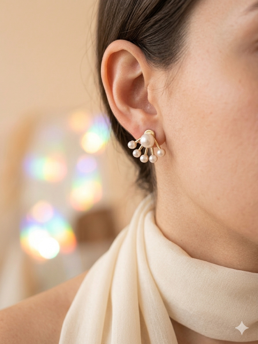 Korean Style Pearl Fan Jacket Stud Earrings