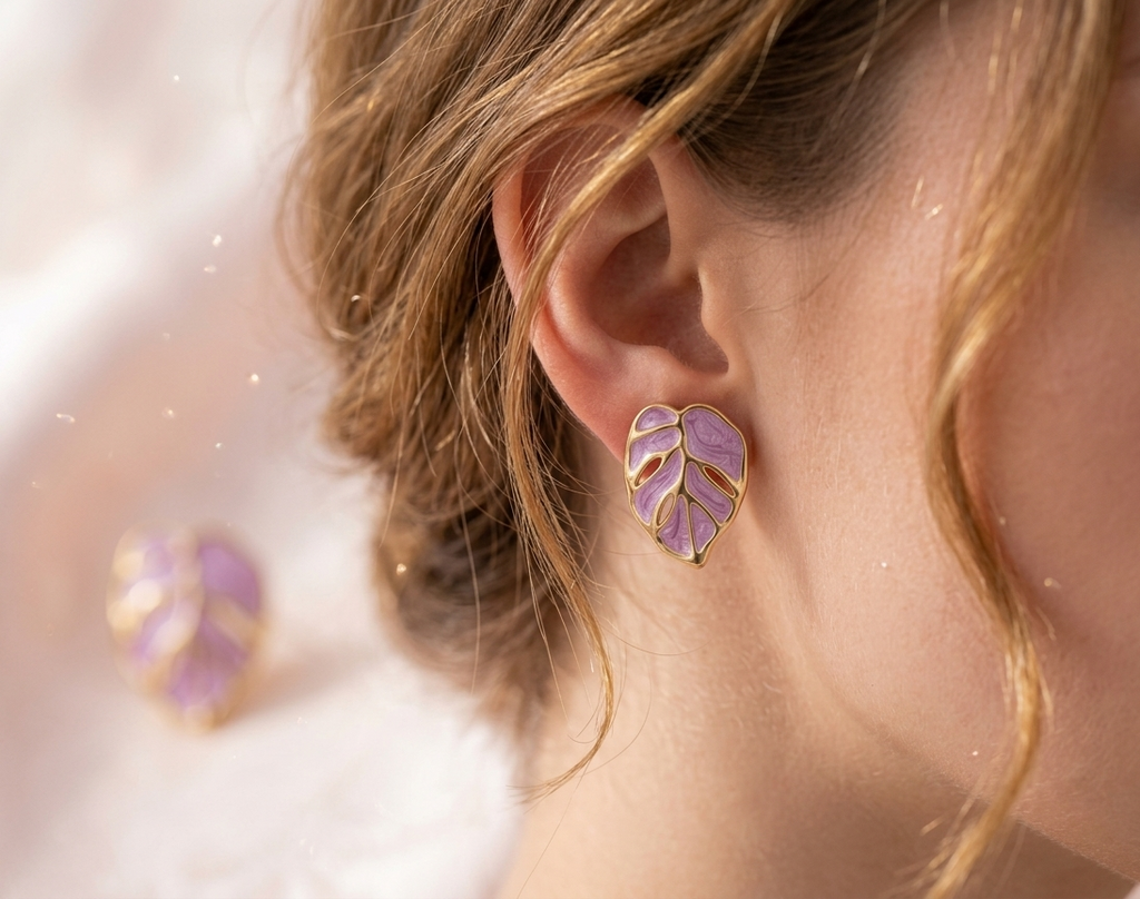 Pearlized Purple Tropical Monstera Leaf Studs