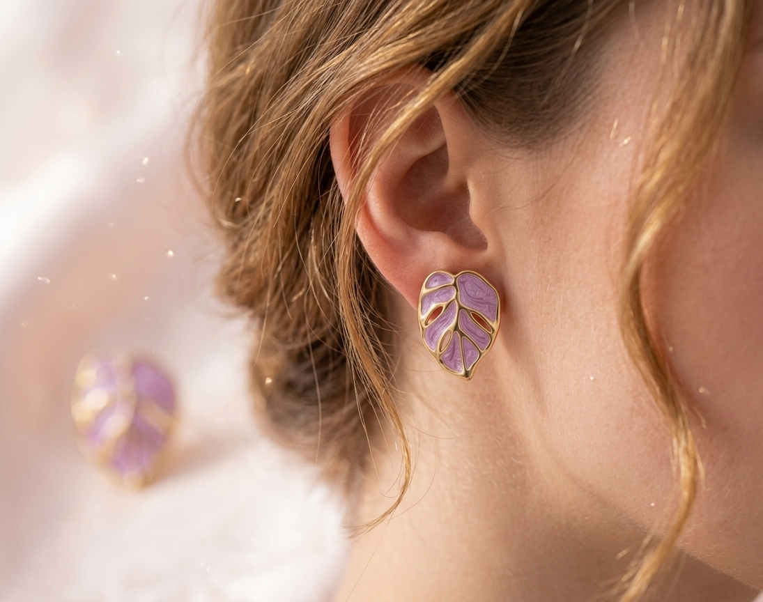 Pearlized Purple Tropical Monstera Leaf Studs