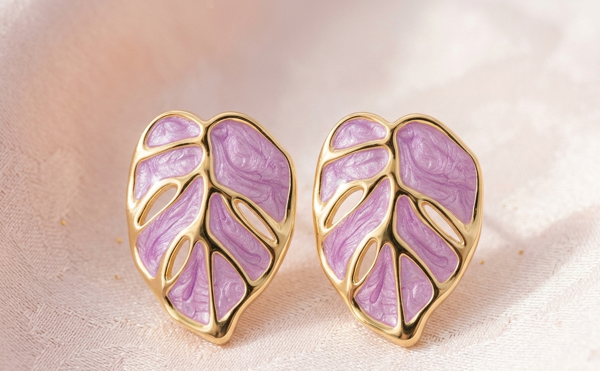 Pearlized Purple Tropical Monstera Leaf Studs