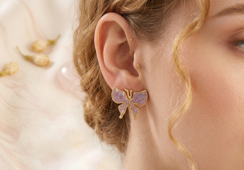 Korean-Style Lavender Enamel Butterfly Stud Earrings