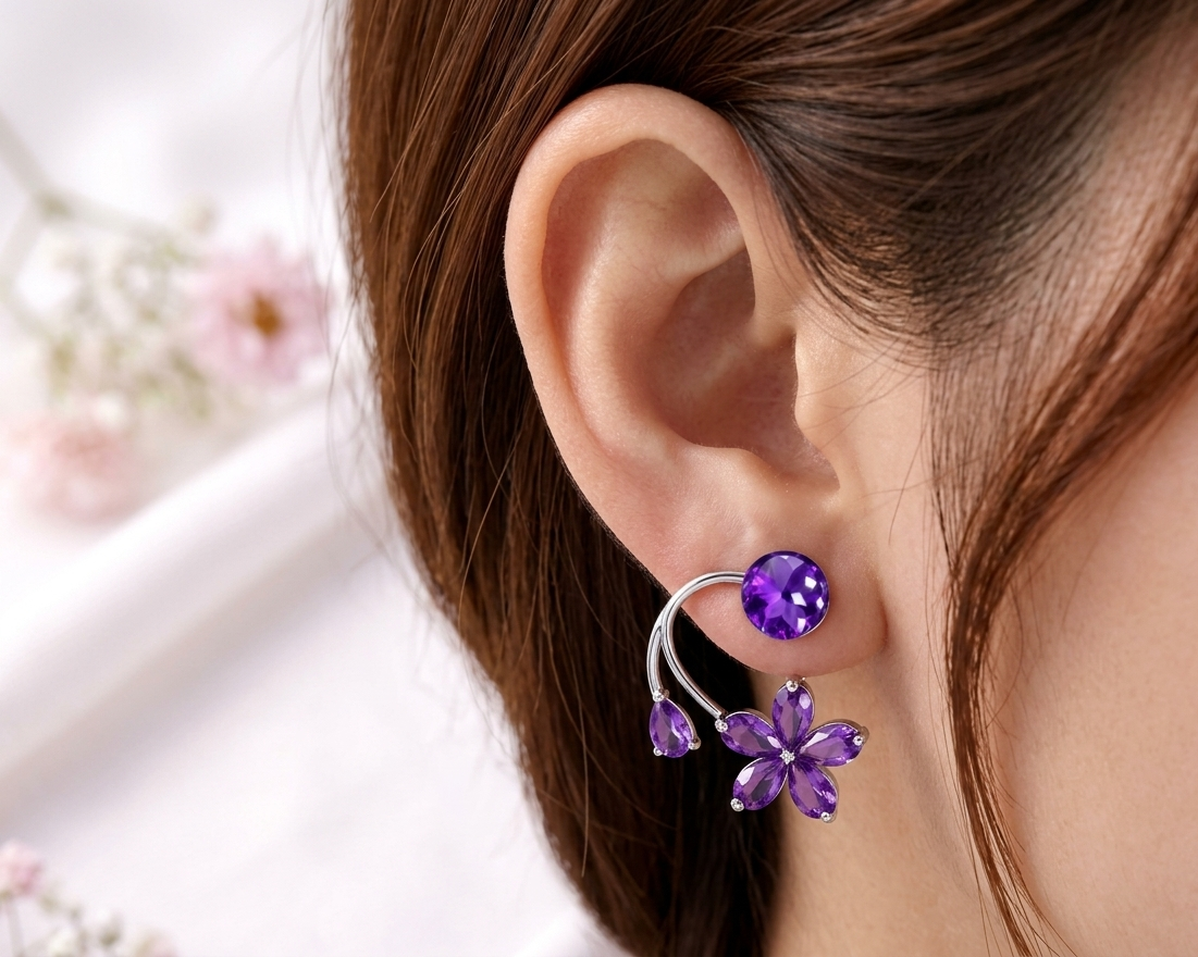 Purple Zirconia Floating Blossom Front-Back Earrings
