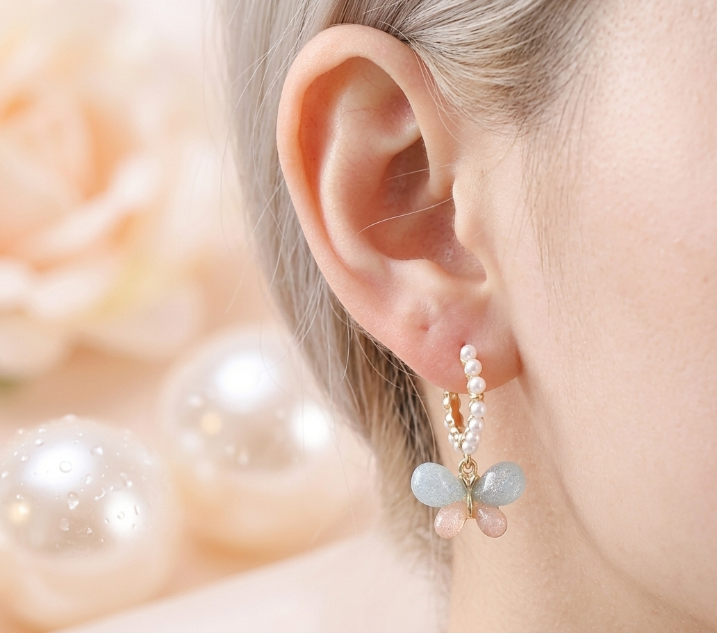 Korean-Style Pastel Resin Butterfly Pearl Hoop Earrings