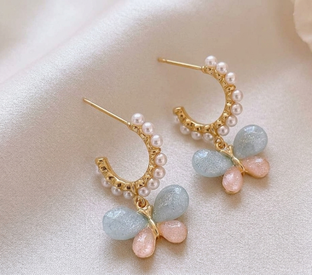 Korean-Style Pastel Resin Butterfly Pearl Hoop Earrings