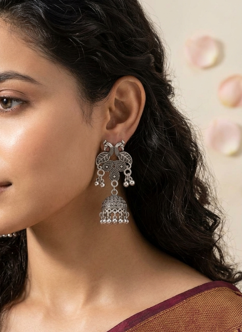 Traditional Boho Tribal Silver Peacock Drop Jhumkas