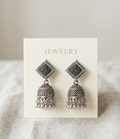 Antique Oxidized Silver Geometric Diamond Jhumka Earrings