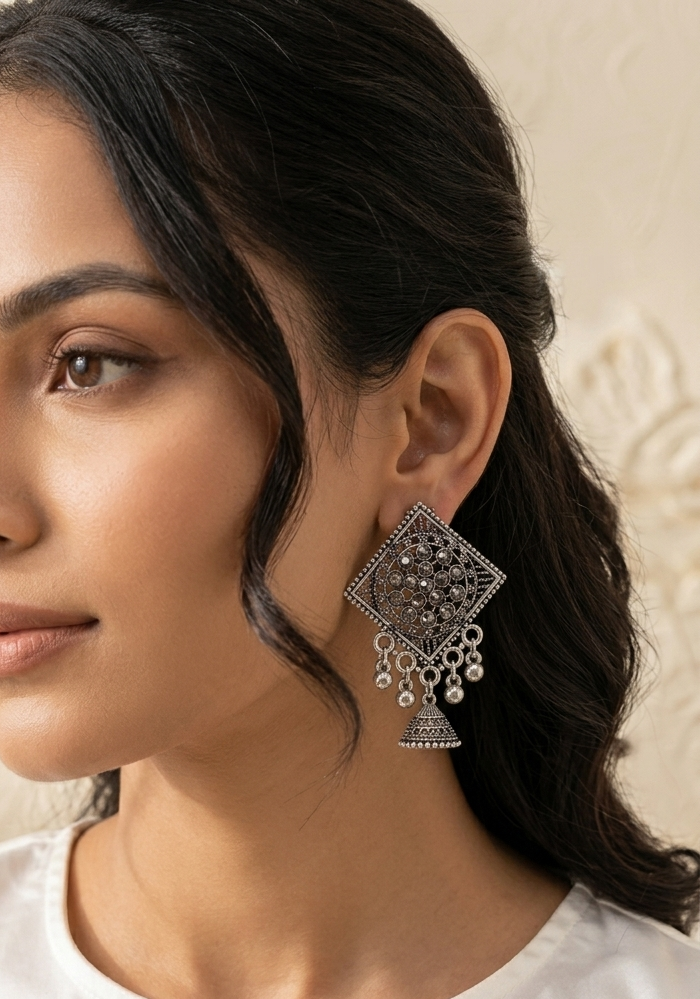 Antique Silver Oxidized Geometric Rhinestone Jhumka Earrings