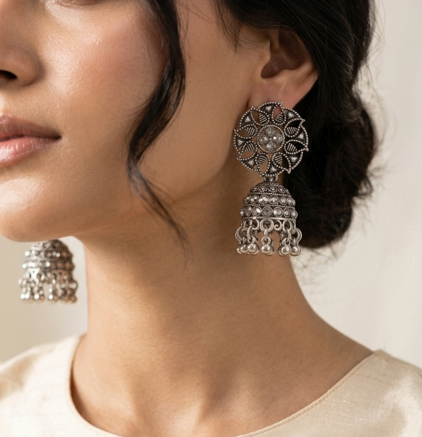 Antique Silver Oxidized Circular Floral Jhumka Earrings