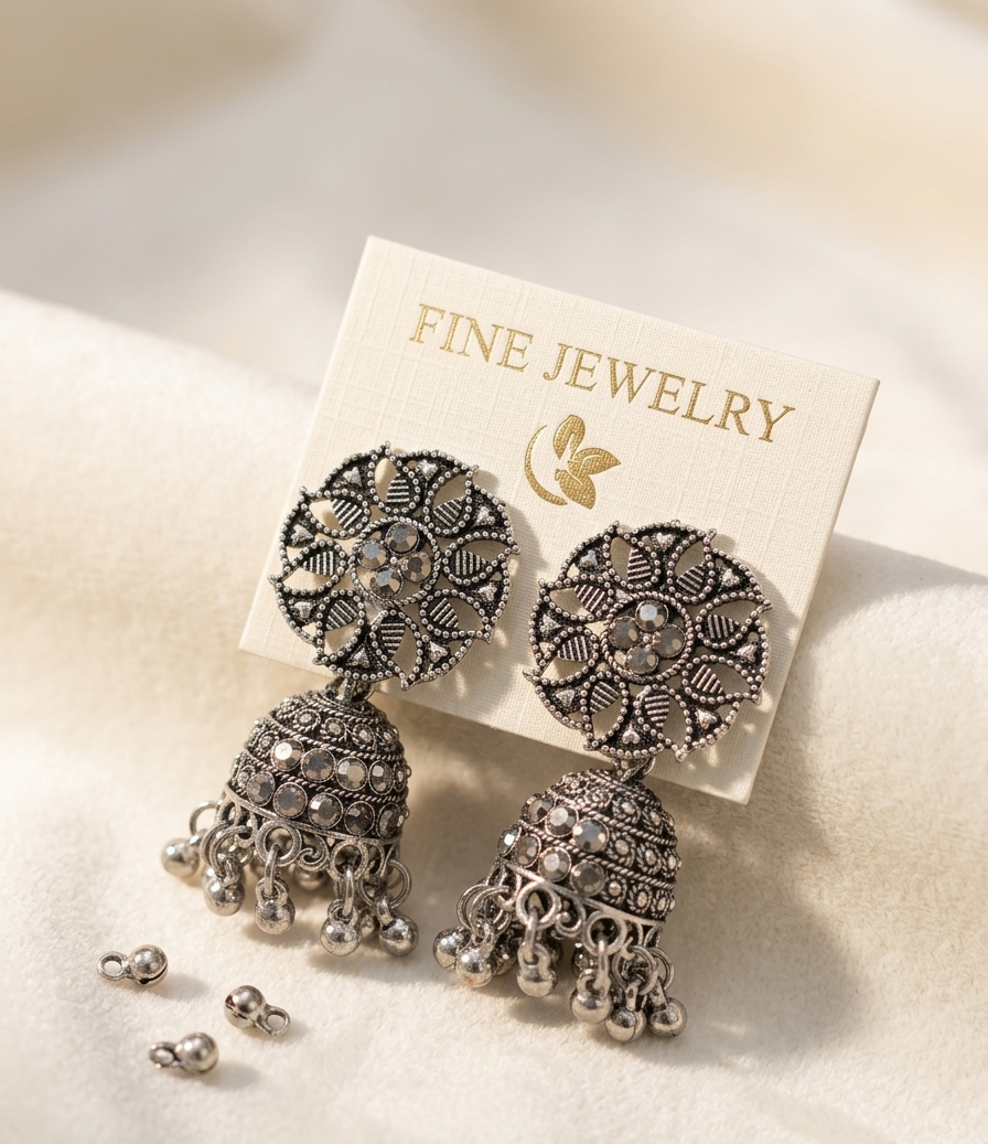 Antique Silver Oxidized Circular Floral Jhumka Earrings