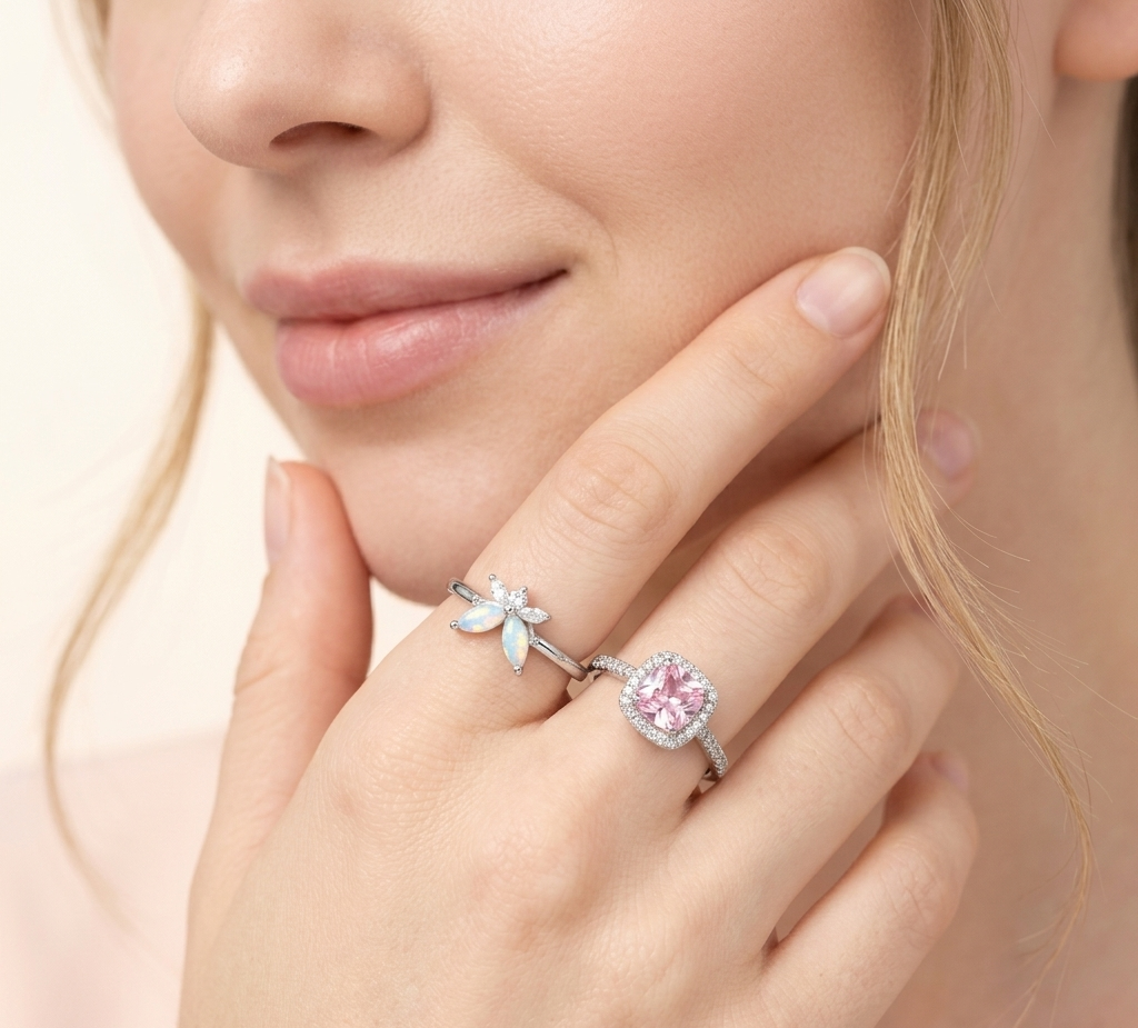 Korean-Style Pink Halo & Opal Butterfly Stackable Ring Set