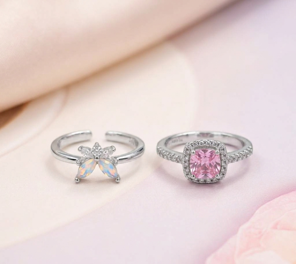 Korean-Style Pink Halo & Opal Butterfly Stackable Ring Set