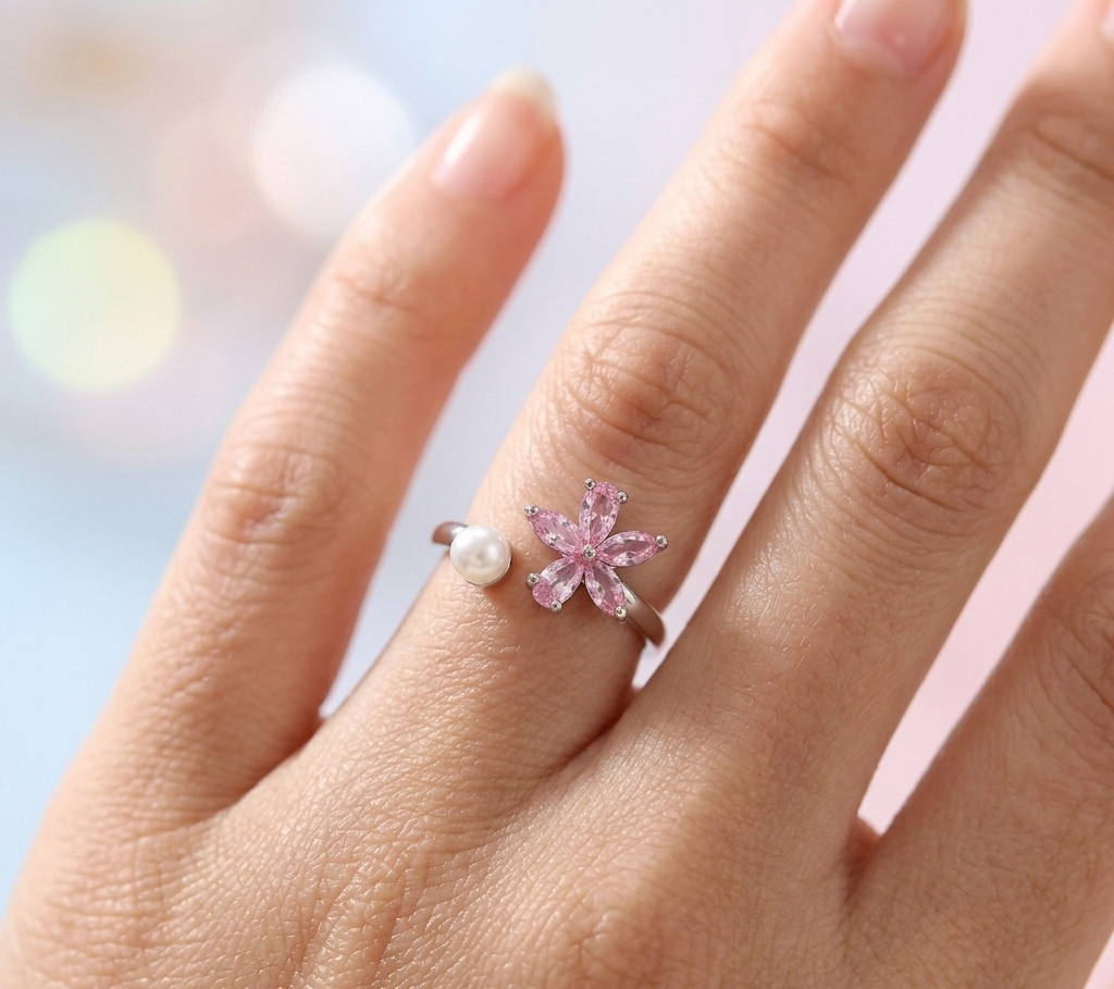 Korean-Style Adjustable Pink Crystal Flower & Pearl Ring