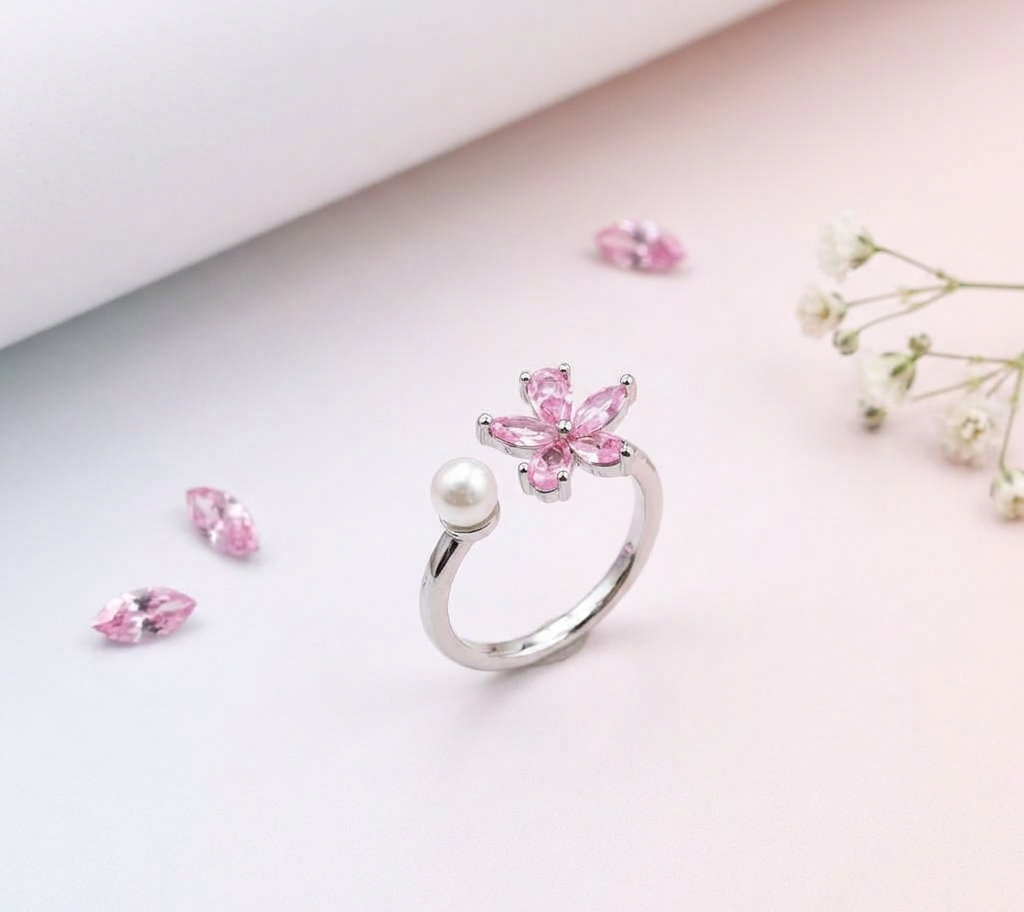 Korean-Style Adjustable Pink Crystal Flower & Pearl Ring