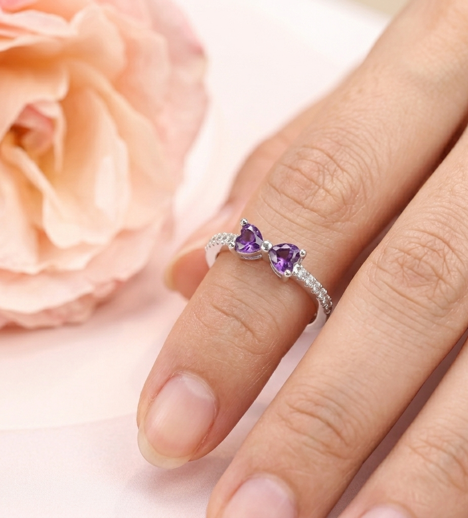 Dainty Purple Heart-Cut Crystal Bow Ring