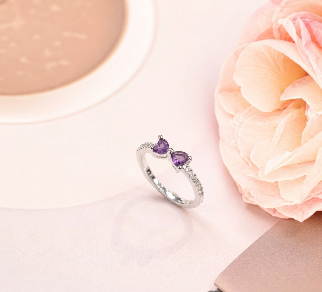 Dainty Purple Heart-Cut Crystal Bow Ring