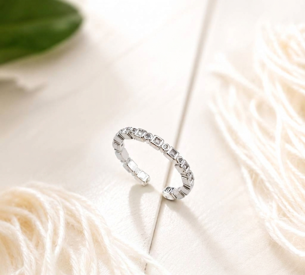Adjustable Bezel-Set Clear Crystal Band Ring
