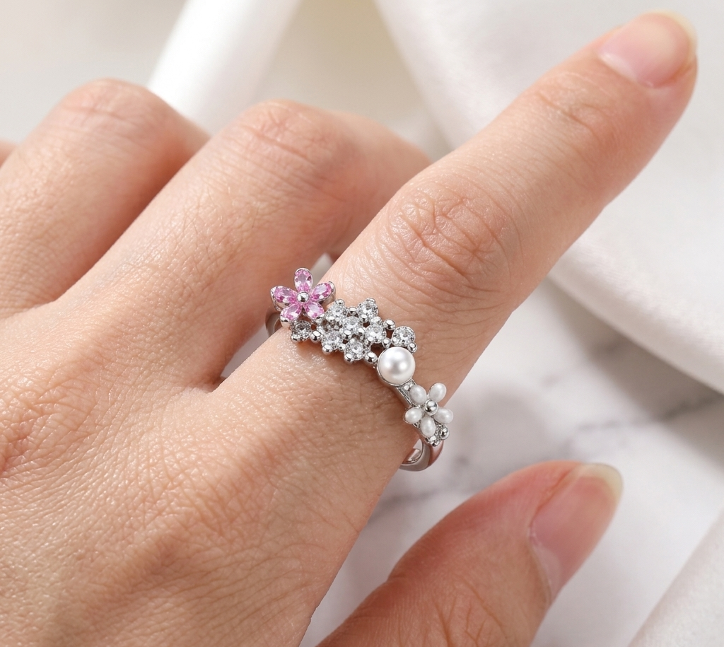 Pink Crystal Blossom & Mixed Pearl Asymmetric Ring