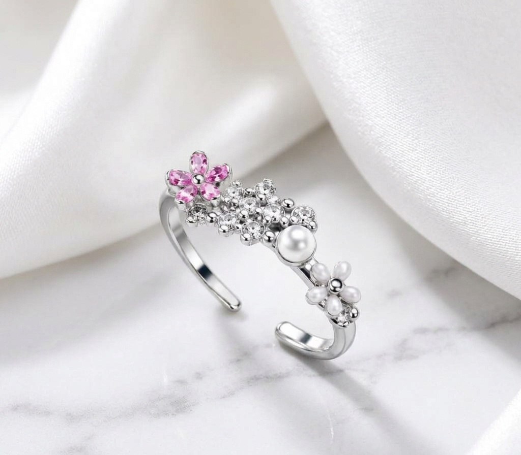 Pink Crystal Blossom & Mixed Pearl Asymmetric Ring
