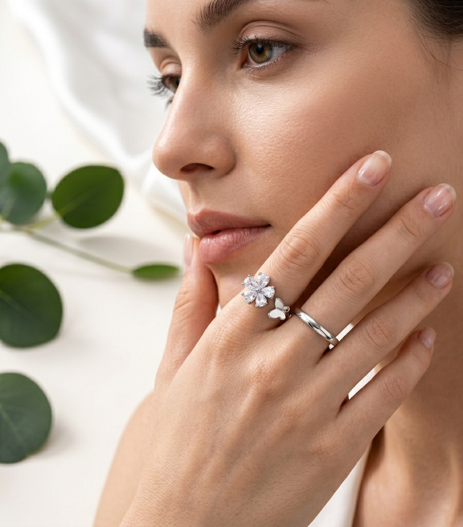 Sparkling Crystal Blossom Adjustable Butterfly Ring