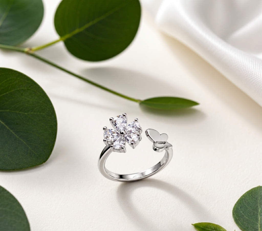 Sparkling Crystal Blossom Adjustable Butterfly Ring