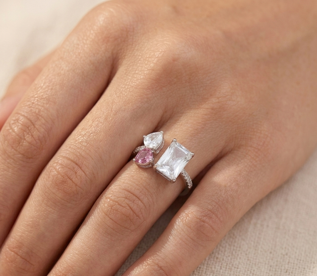 Asymmetric Emerald & Pear Crystal Bypass Ring