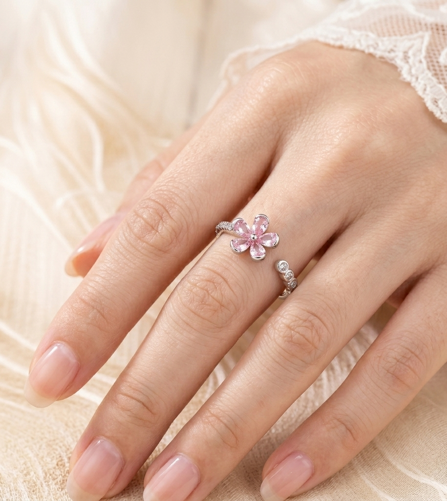 Blush Cherry Blossom Adjustable Bezel Trio Ring