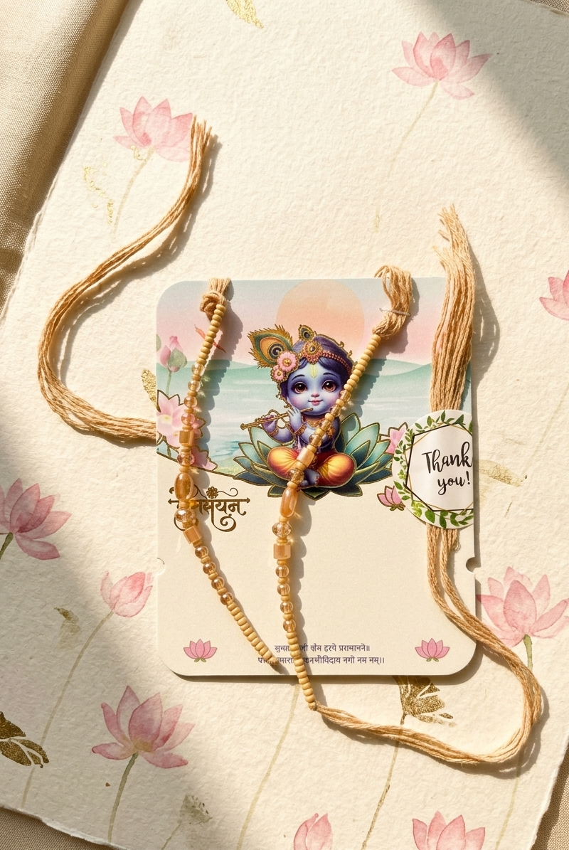 The Divine Bal Krishna Wooden Bead Rakhi Set