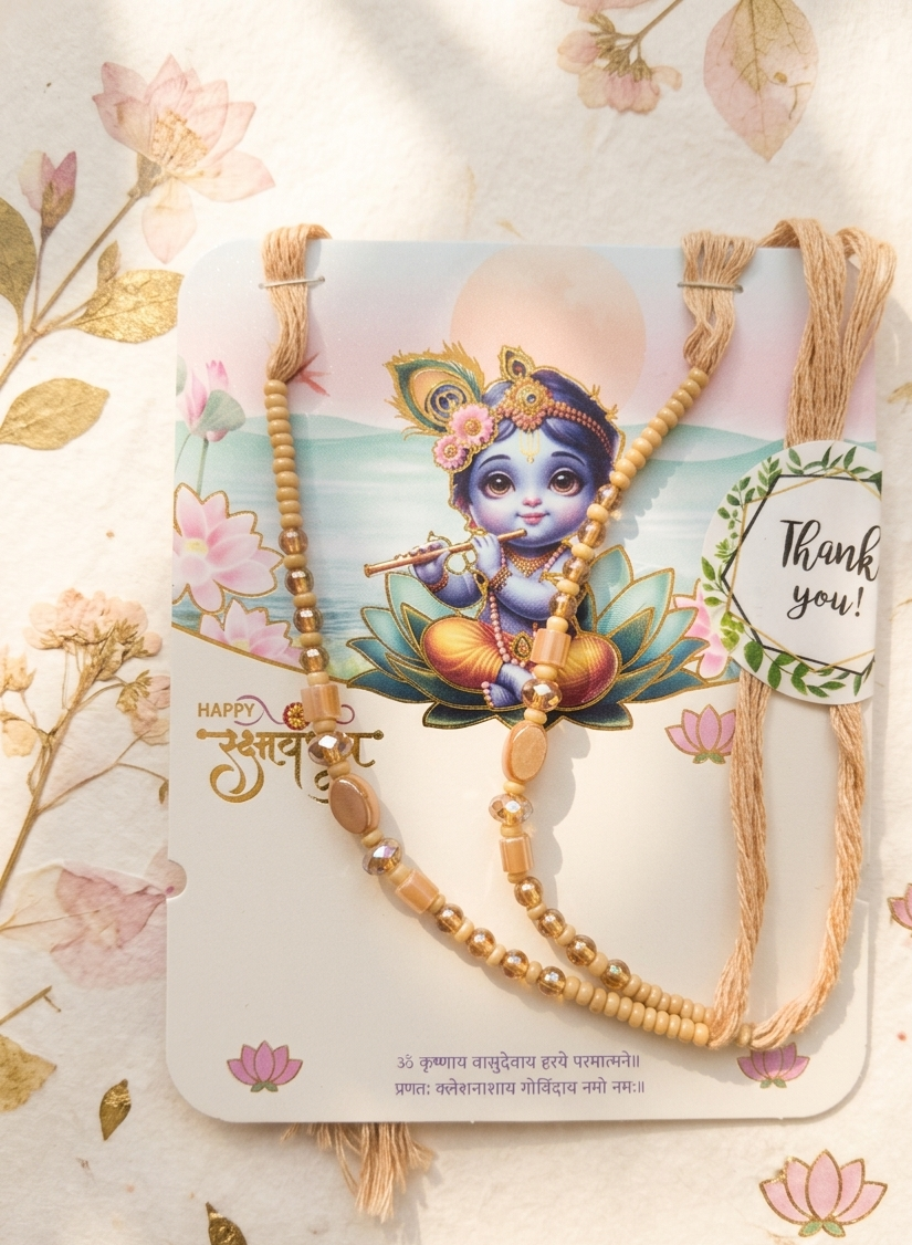 The Divine Bal Krishna Wooden Bead Rakhi Set